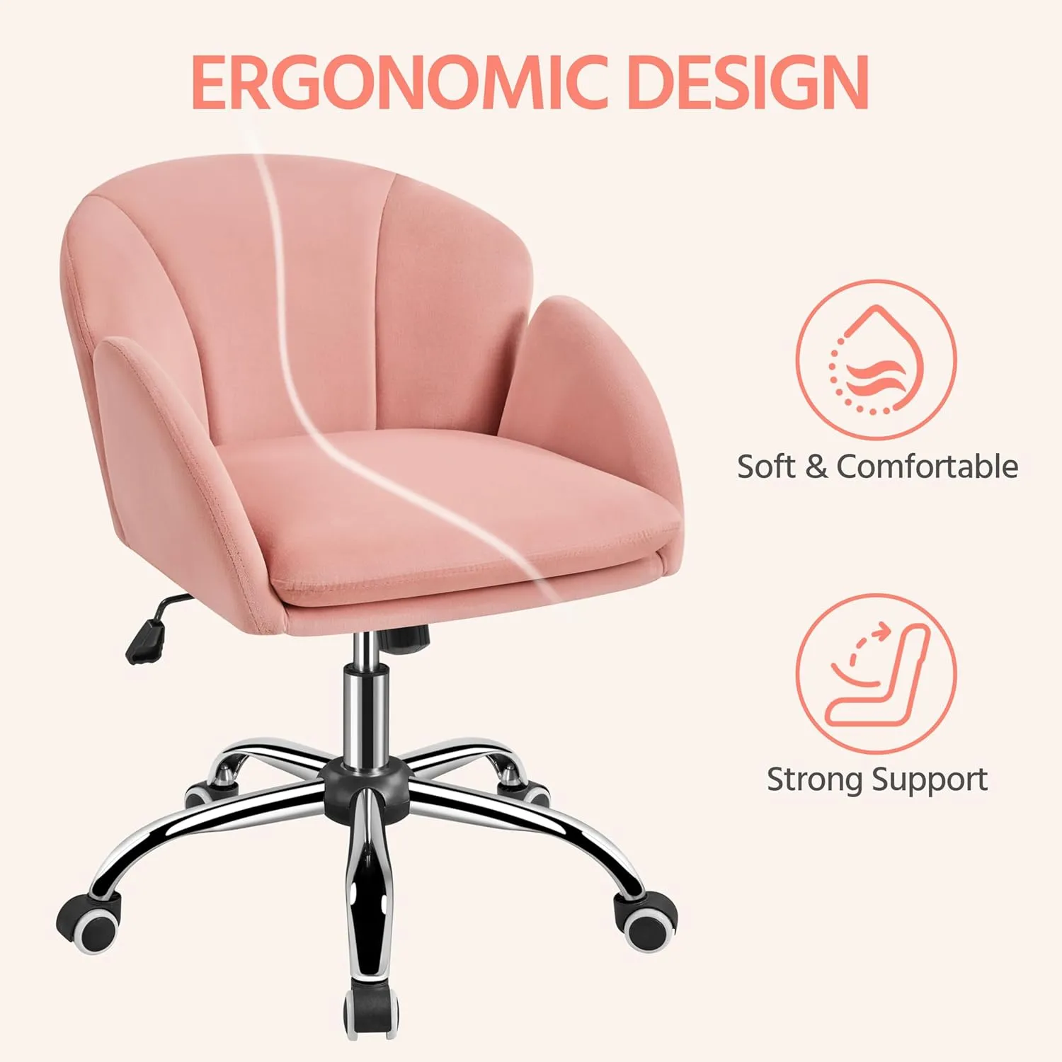 Yaheetech Pink Desk Chair Vanity Chair Comfy Velvet Chair Cute Desk Chair for Home Office Modern Swivel Rolling Chair for Bedroom, Living Room, Makeup Room Women