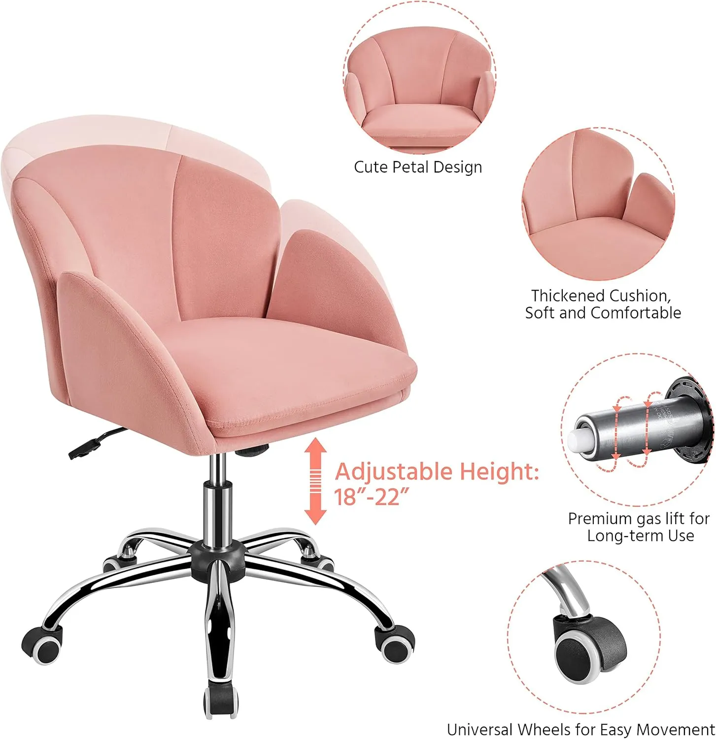 Yaheetech Pink Desk Chair Vanity Chair Comfy Velvet Chair Cute Desk Chair for Home Office Modern Swivel Rolling Chair for Bedroom, Living Room, Makeup Room Women