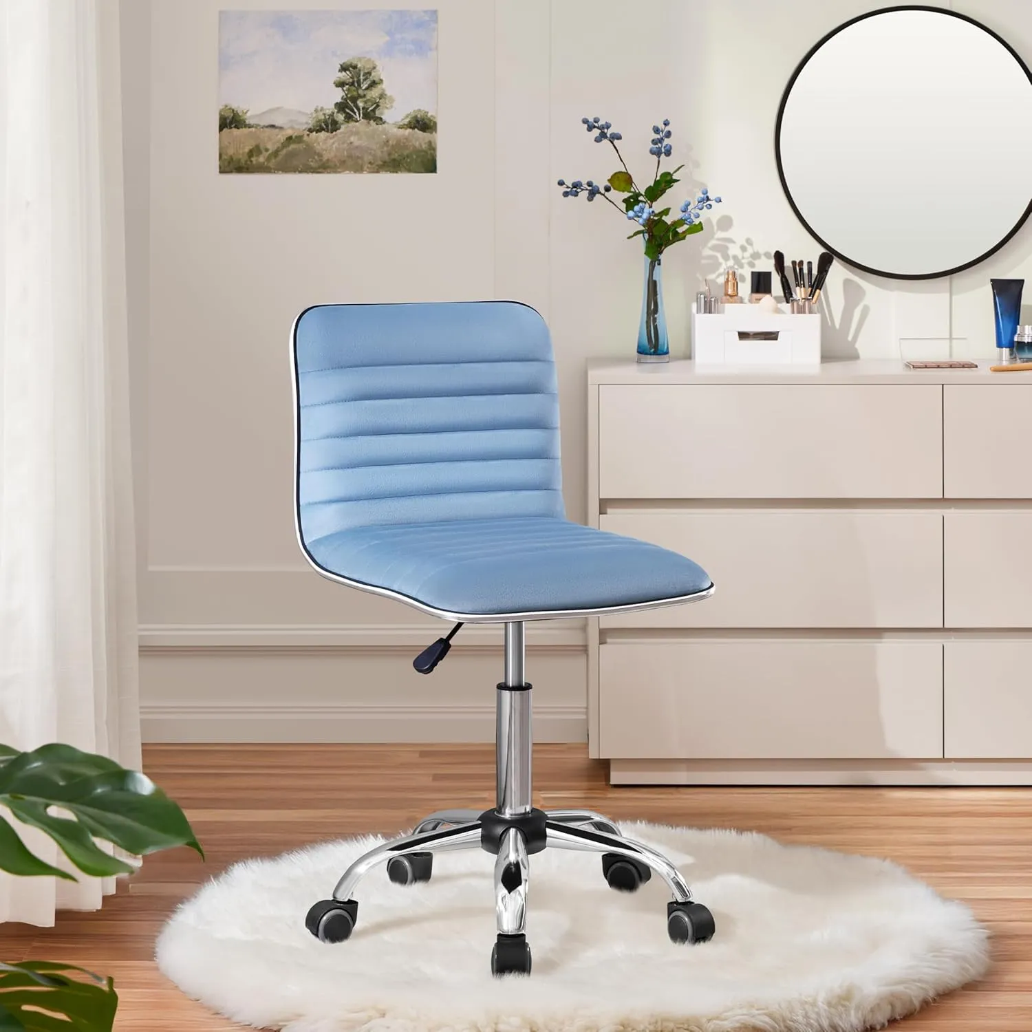 Yaheetech Velvet Low Back Armless Ribbed Office Chair Height Adjustable Swivel Task Chair, Blue