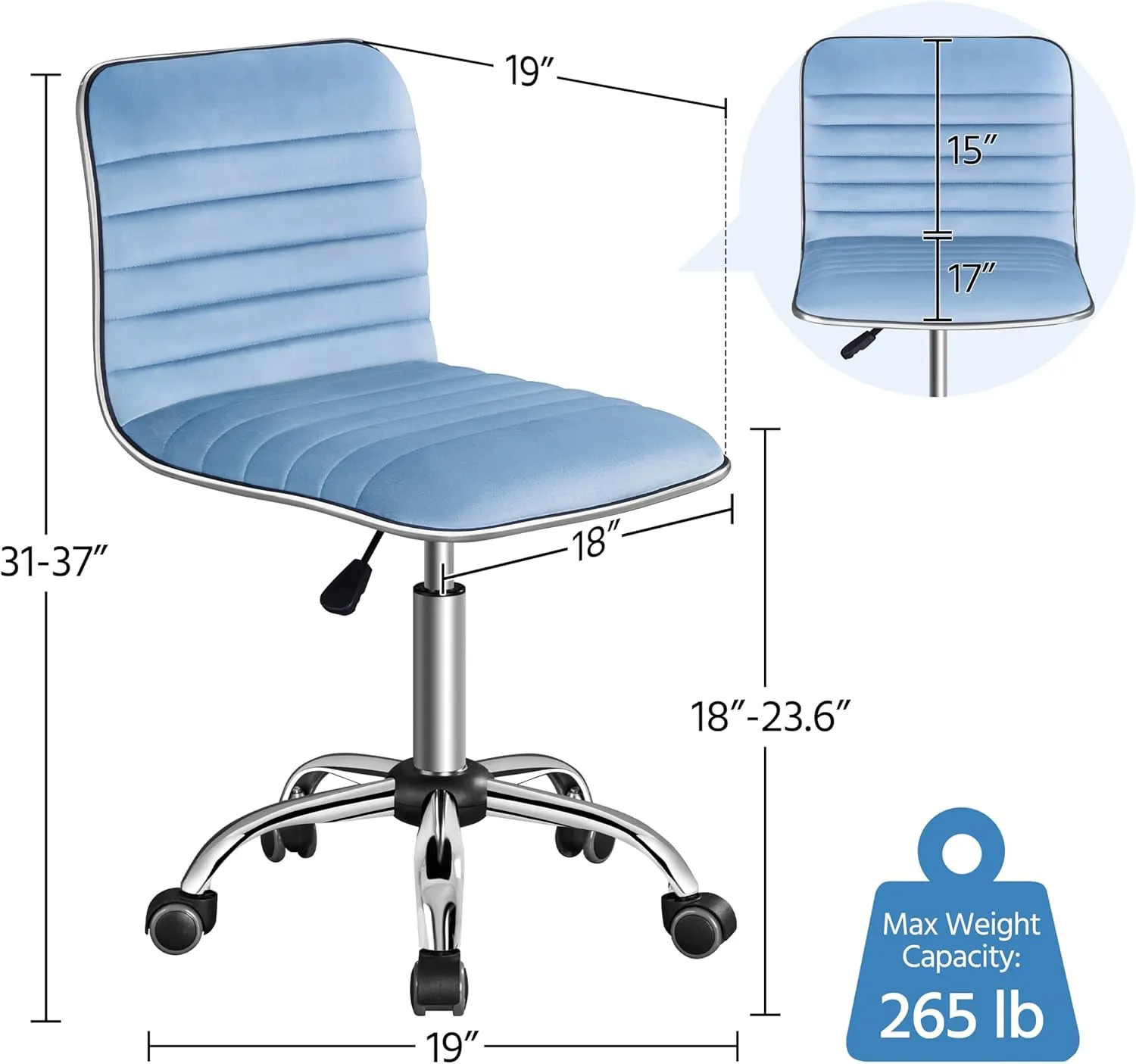 Yaheetech Velvet Low Back Armless Ribbed Office Chair Height Adjustable Swivel Task Chair, Blue