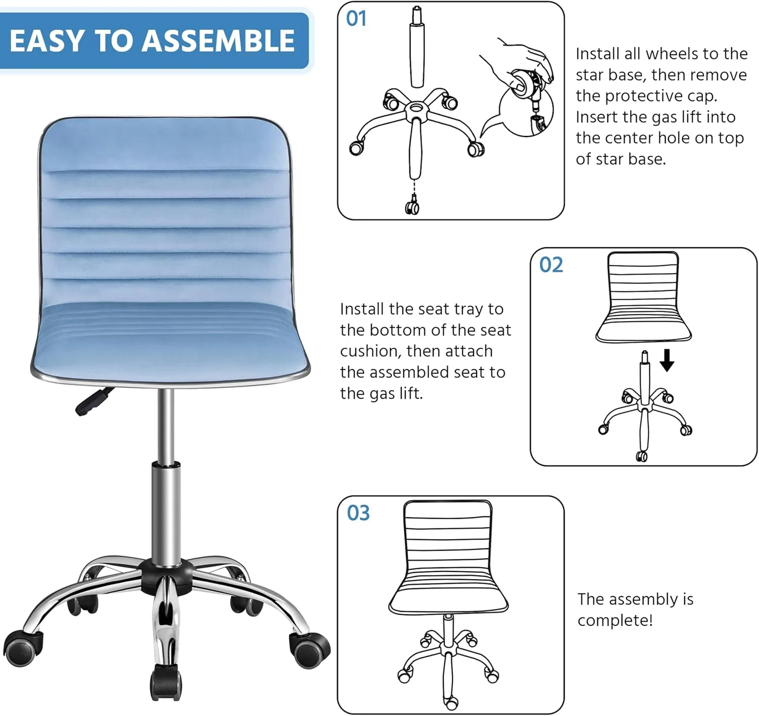 Yaheetech Velvet Low Back Armless Ribbed Office Chair Height Adjustable Swivel Task Chair, Blue