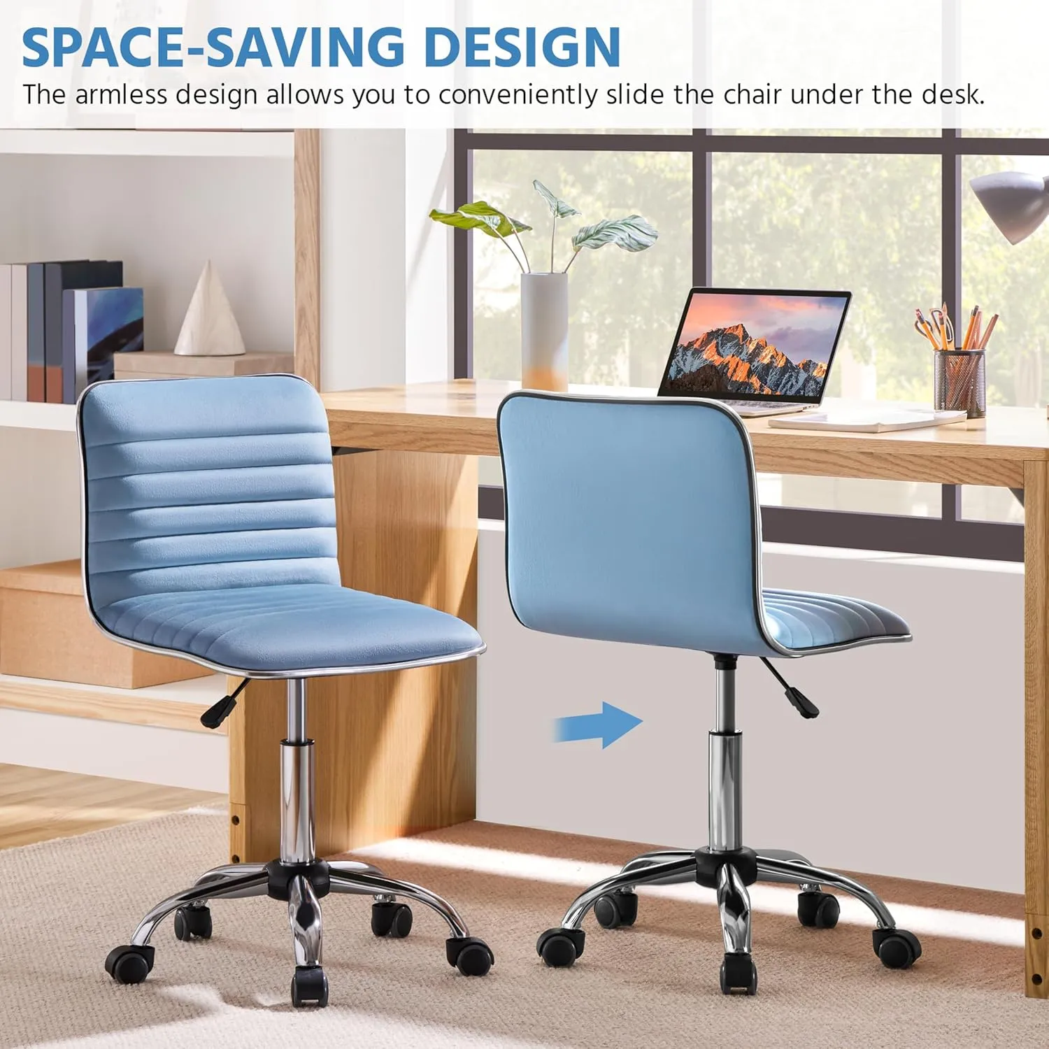 Yaheetech Velvet Low Back Armless Ribbed Office Chair Height Adjustable Swivel Task Chair, Blue