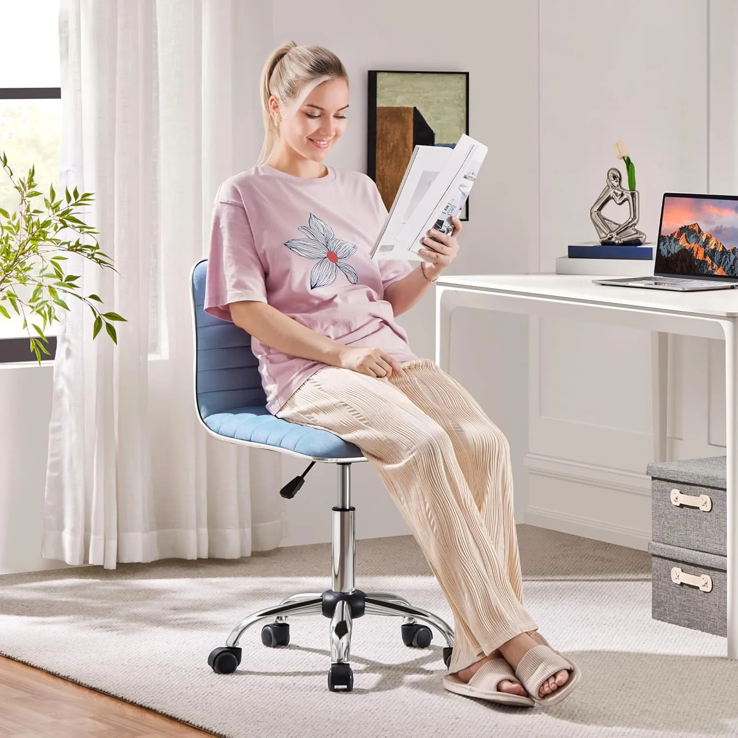 Yaheetech Velvet Low Back Armless Ribbed Office Chair Height Adjustable Swivel Task Chair, Blue