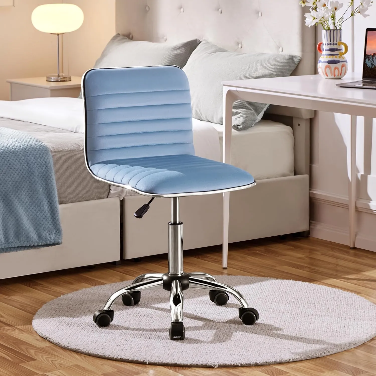 Yaheetech Velvet Low Back Armless Ribbed Office Chair Height Adjustable Swivel Task Chair, Blue