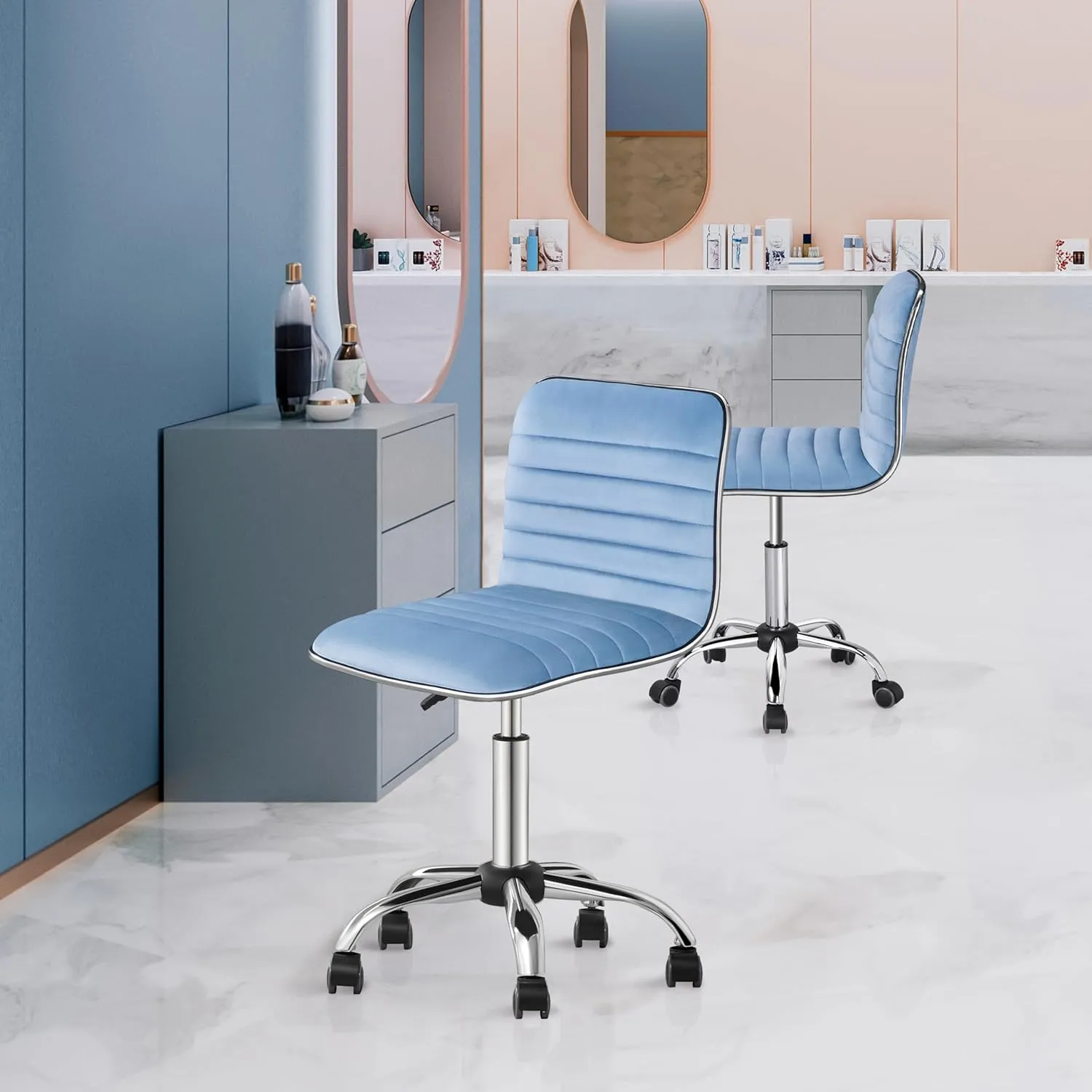 Yaheetech Velvet Low Back Armless Ribbed Office Chair Height Adjustable Swivel Task Chair, Blue