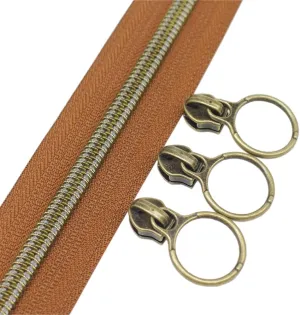 YaHoGa #5 Antique Brass Metallic Nylon Coil Zippers by The Yard Bulk Brown Tape 10 Yards with 20pcs Sliders for DIY Sewing Tailor Craft Bag (Anti-Brass Brown)