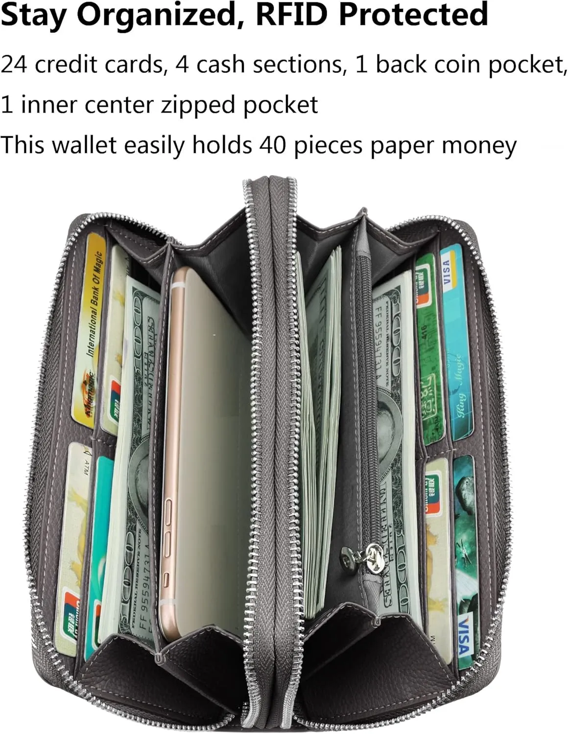 YALUXE Real Leather Zip Around Wallet RFID Blocking Wristlet Handbag Purse Clutch with Double Zipper Pockets