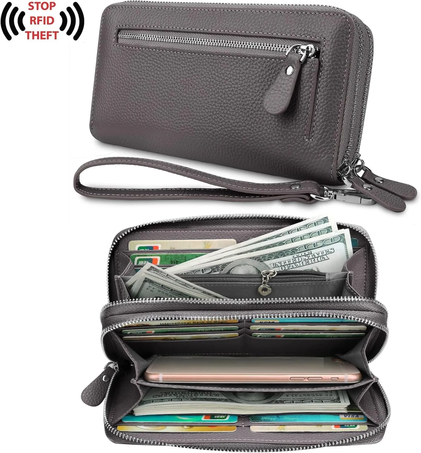 YALUXE Real Leather Zip Around Wallet RFID Blocking Wristlet Handbag Purse Clutch with Double Zipper Pockets