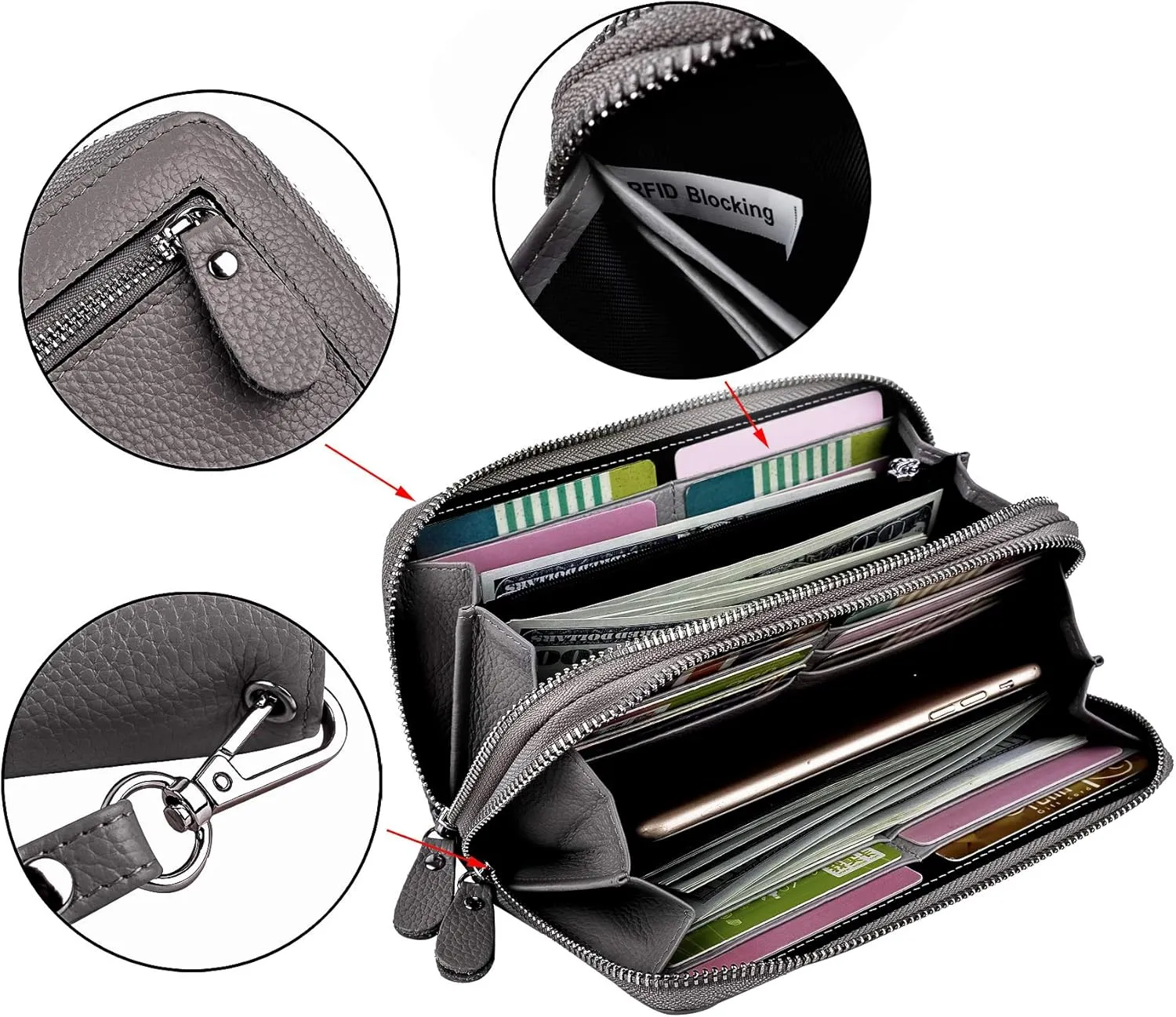 YALUXE Real Leather Zip Around Wallet RFID Blocking Wristlet Handbag Purse Clutch with Double Zipper Pockets
