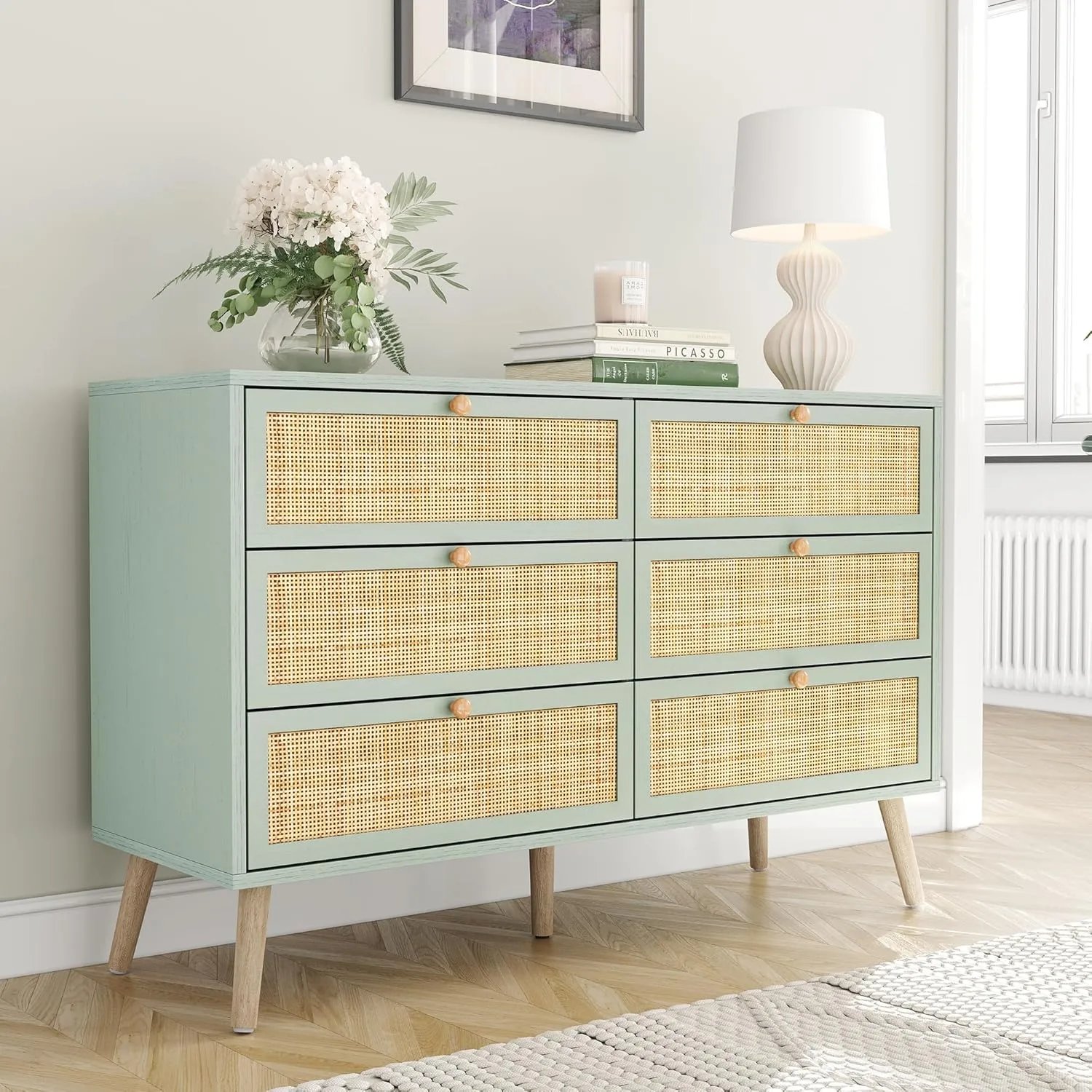 Yechen Mid-Century Modern Dresser with Hand-Woven Natural Rattan, Vintage Green Boho 6 Drawer Double Dresser with Wooden Legs, Wood Storage Chest of Drawers for Bedroom, Living Room, Nursery, Mint