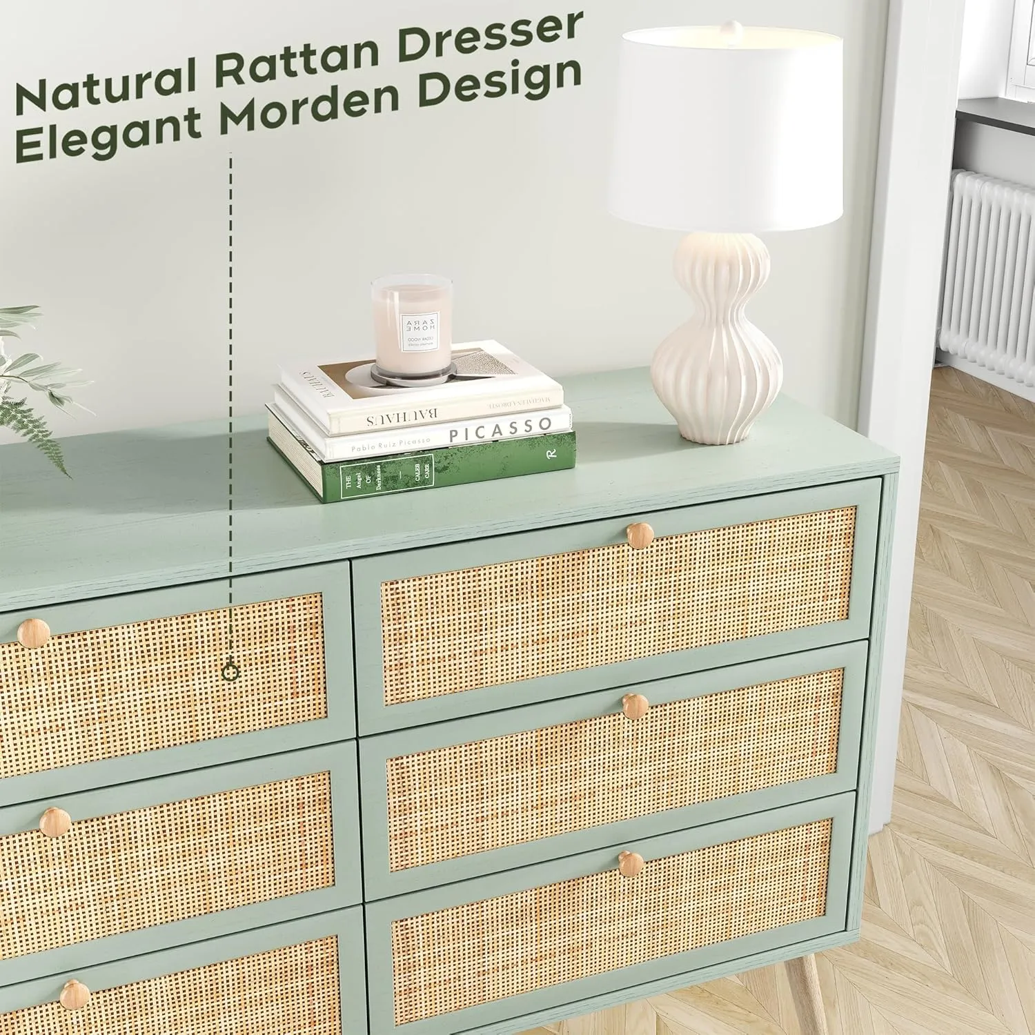Yechen Mid-Century Modern Dresser with Hand-Woven Natural Rattan, Vintage Green Boho 6 Drawer Double Dresser with Wooden Legs, Wood Storage Chest of Drawers for Bedroom, Living Room, Nursery, Mint