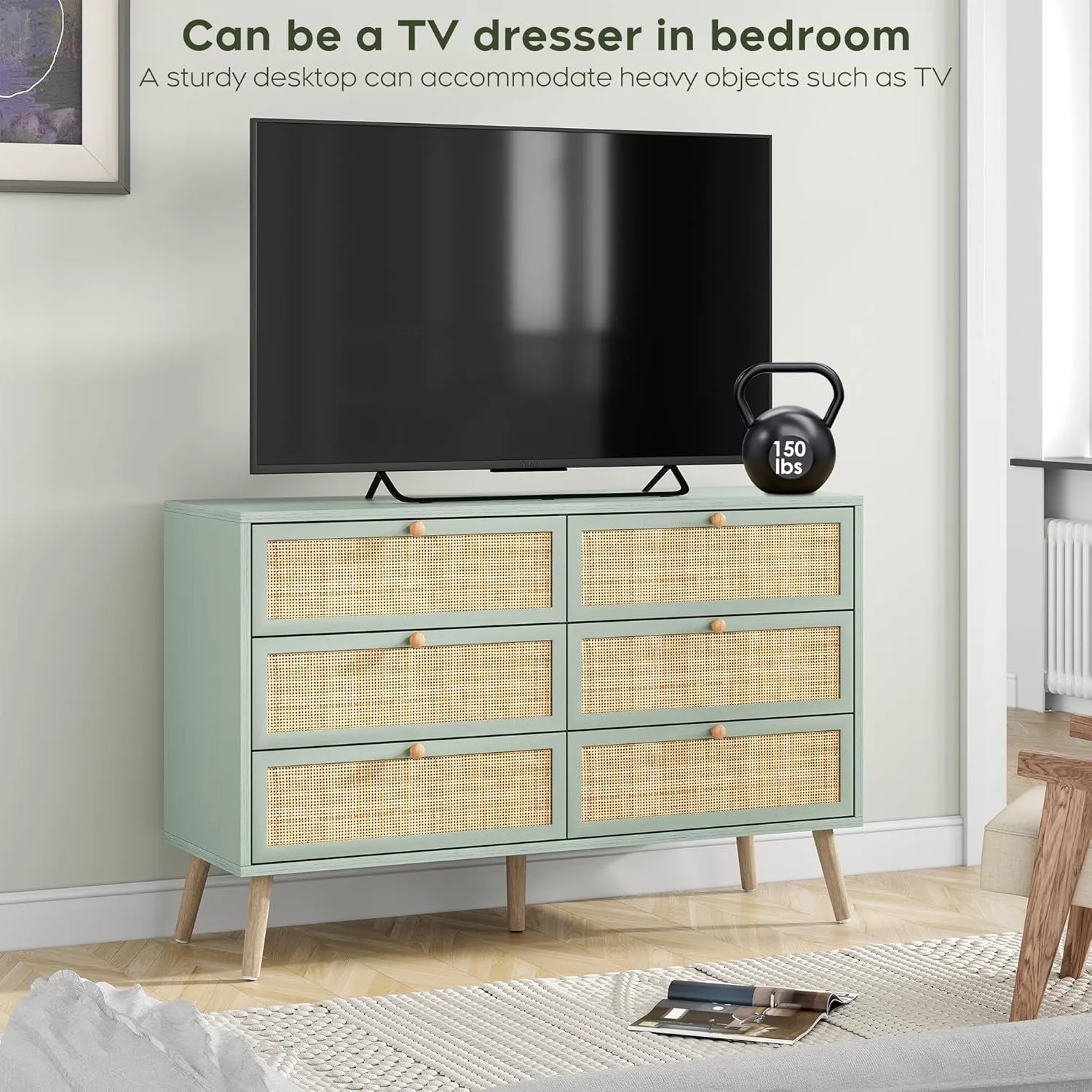 Yechen Mid-Century Modern Dresser with Hand-Woven Natural Rattan, Vintage Green Boho 6 Drawer Double Dresser with Wooden Legs, Wood Storage Chest of Drawers for Bedroom, Living Room, Nursery, Mint
