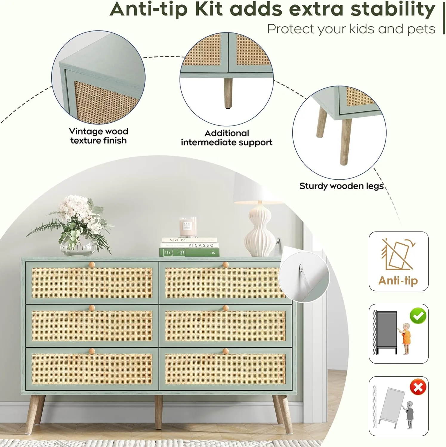 Yechen Mid-Century Modern Dresser with Hand-Woven Natural Rattan, Vintage Green Boho 6 Drawer Double Dresser with Wooden Legs, Wood Storage Chest of Drawers for Bedroom, Living Room, Nursery, Mint