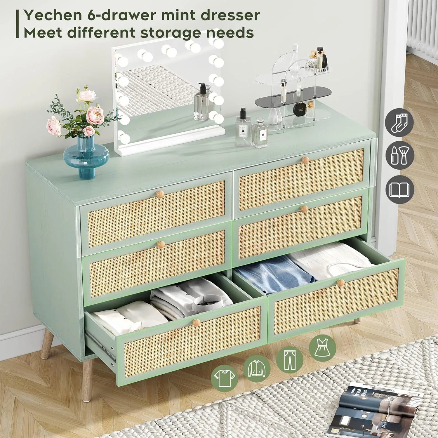 Yechen Mid-Century Modern Dresser with Hand-Woven Natural Rattan, Vintage Green Boho 6 Drawer Double Dresser with Wooden Legs, Wood Storage Chest of Drawers for Bedroom, Living Room, Nursery, Mint
