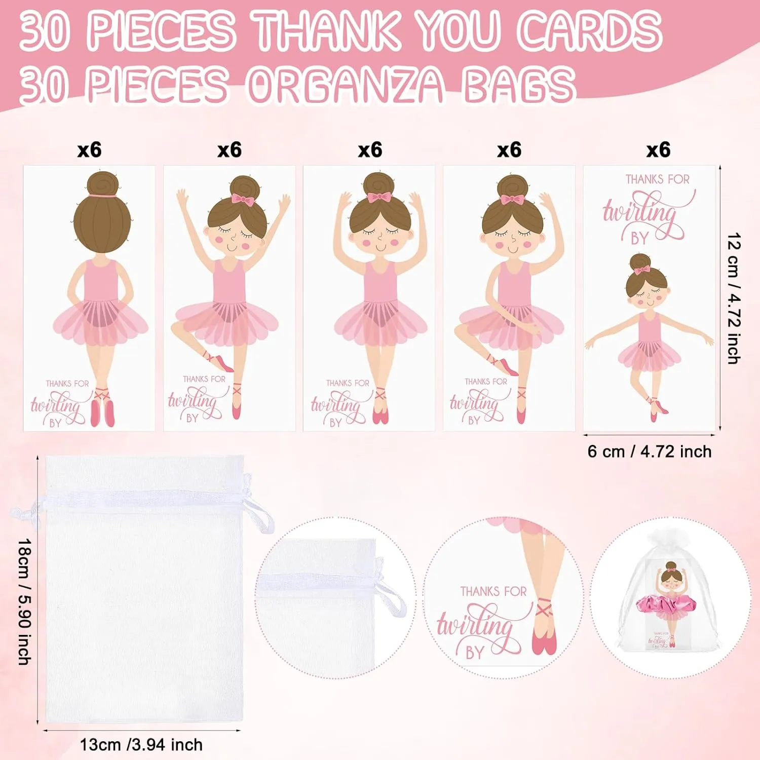 Yinkin 30 Sets Ballerina Party Favors for Girls Include 30 Hair Ties Scrunchies 30 Ballet Thank You Cards Dance Recital Gifts Ballerina Birthday Party Favors for Girls(Pink)