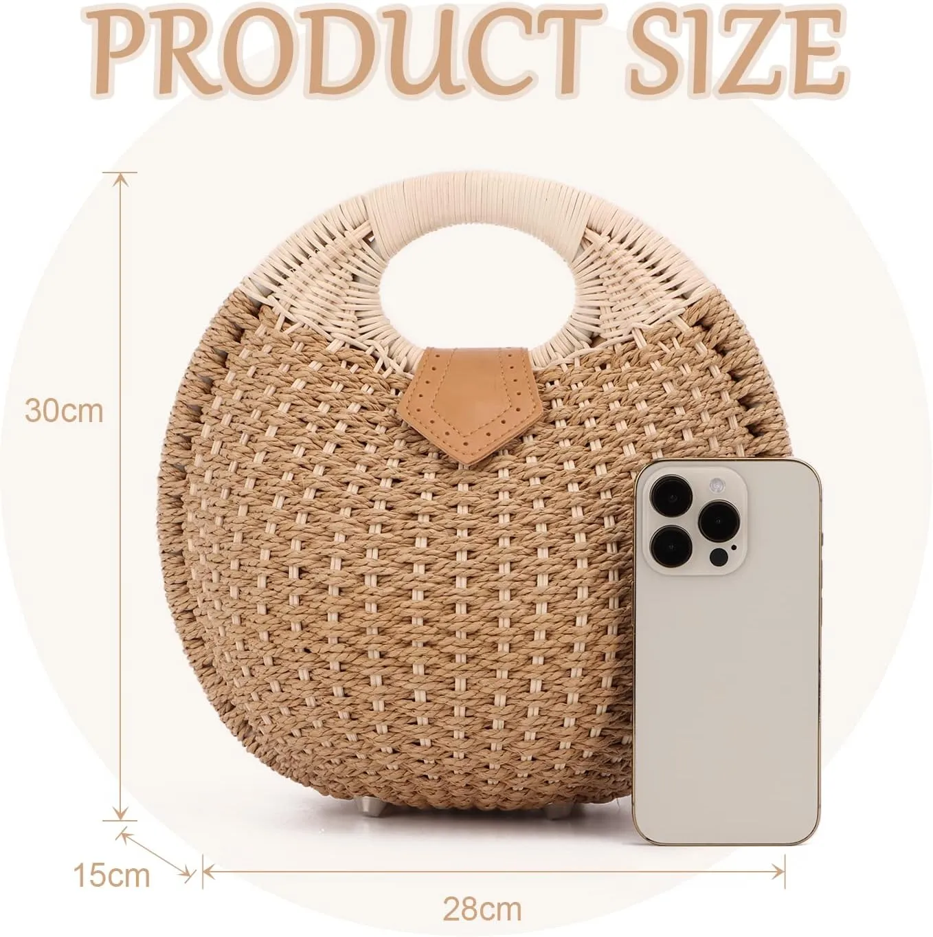 Ynport Straw Purses for Women Summer Beach Rattan Tote Bag Round Handle Ring Handbag Retro Handmade Woven Shell Bag
