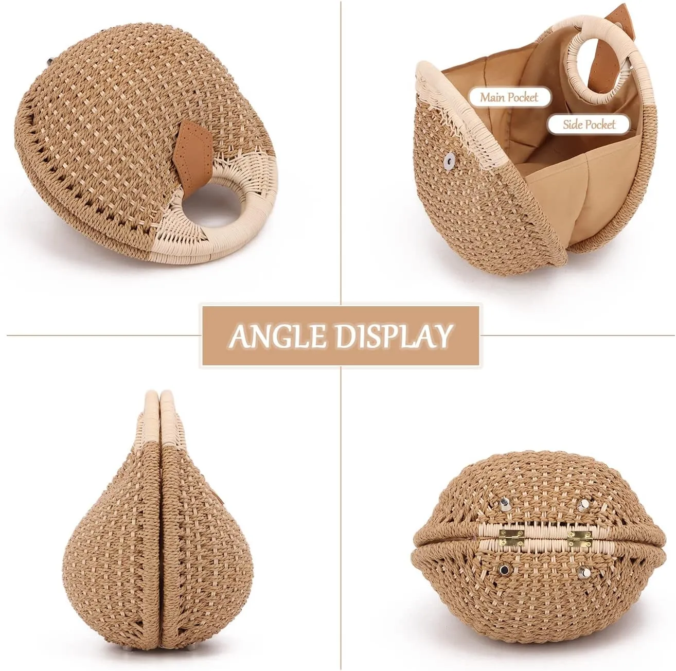 Ynport Straw Purses for Women Summer Beach Rattan Tote Bag Round Handle Ring Handbag Retro Handmade Woven Shell Bag