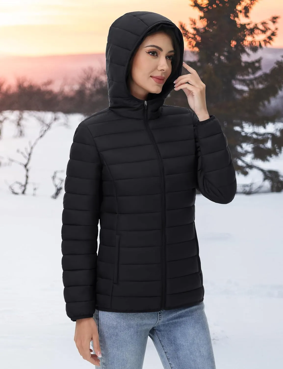 YUCOLEN Women's Puffer Jacket with Hood Lightweight Quilted Padded 4 Pockets Zip-up Coat Winter Jackets for Women