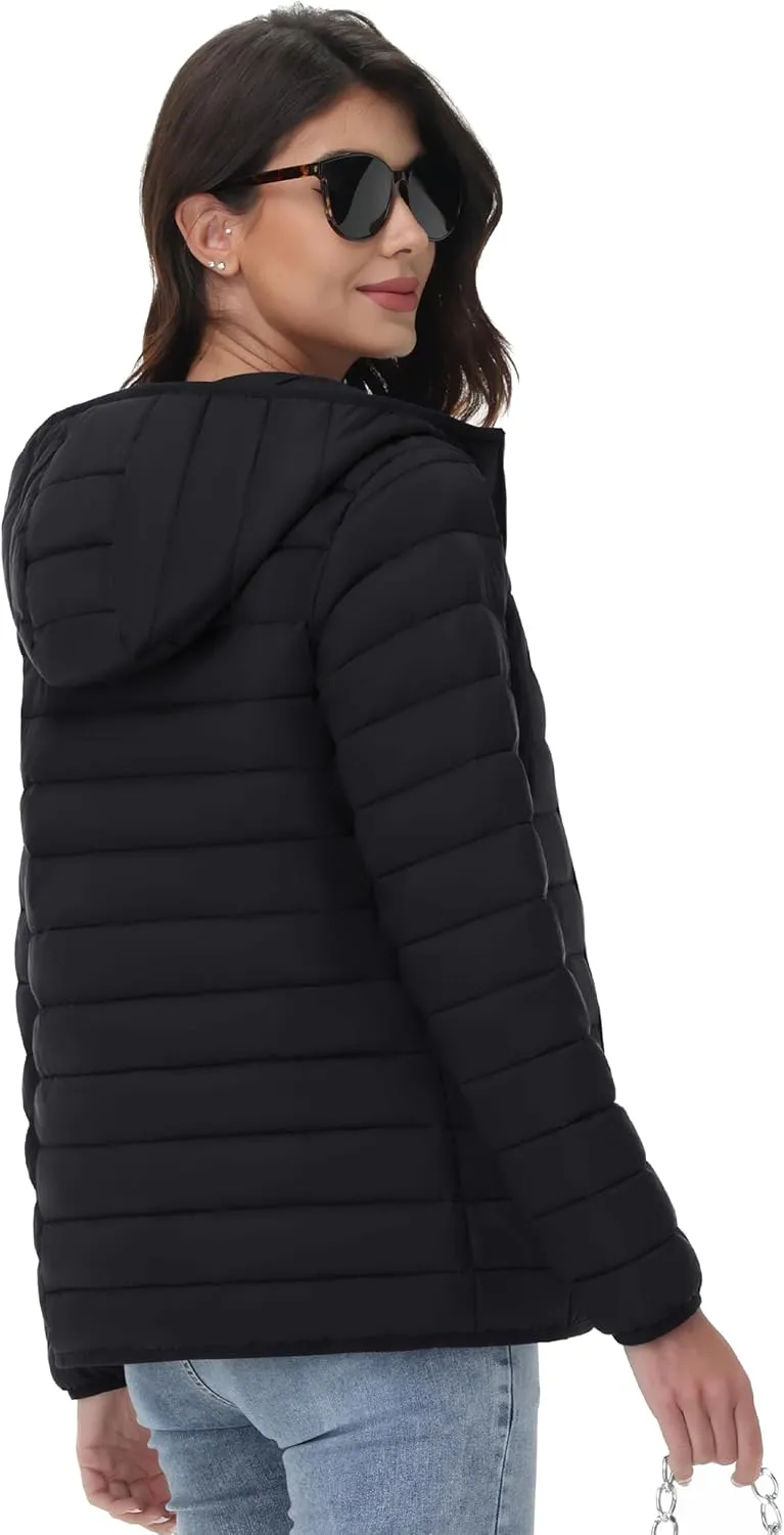 YUCOLEN Women's Puffer Jacket with Hood Lightweight Quilted Padded 4 Pockets Zip-up Coat Winter Jackets for Women