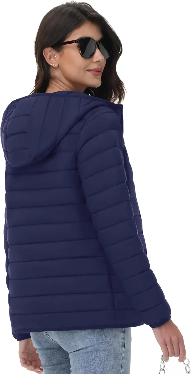 YUCOLEN Women's Puffer Jacket with Hood Lightweight Quilted Padded 4 Pockets Zip-up Coat Winter Jackets for Women