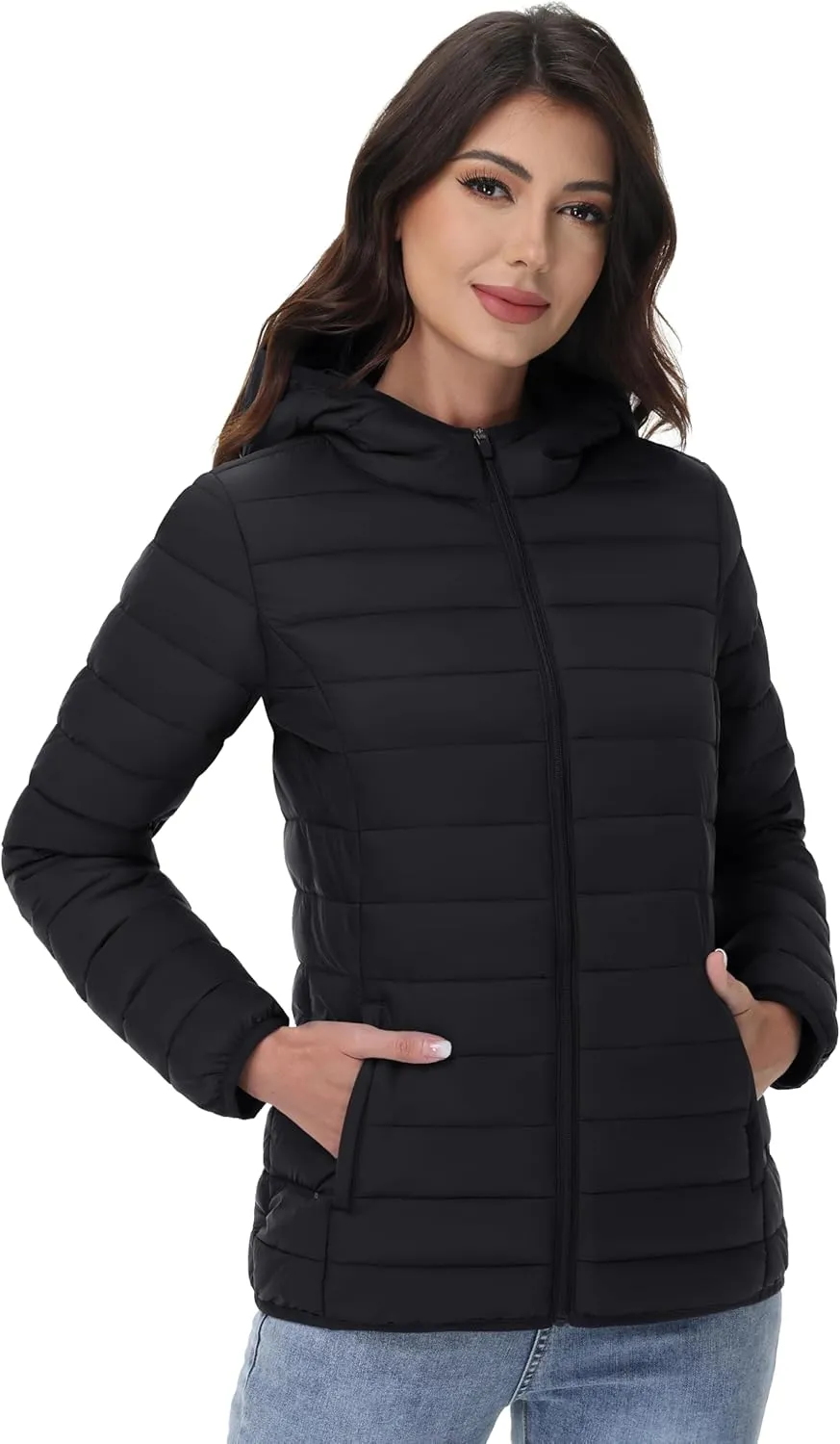 YUCOLEN Women's Puffer Jacket with Hood Lightweight Quilted Padded 4 Pockets Zip-up Coat Winter Jackets for Women