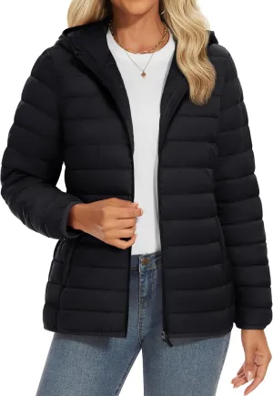 YUCOLEN Women's Puffer Jacket with Hood Lightweight Quilted Padded 4 Pockets Zip-up Coat Winter Jackets for Women