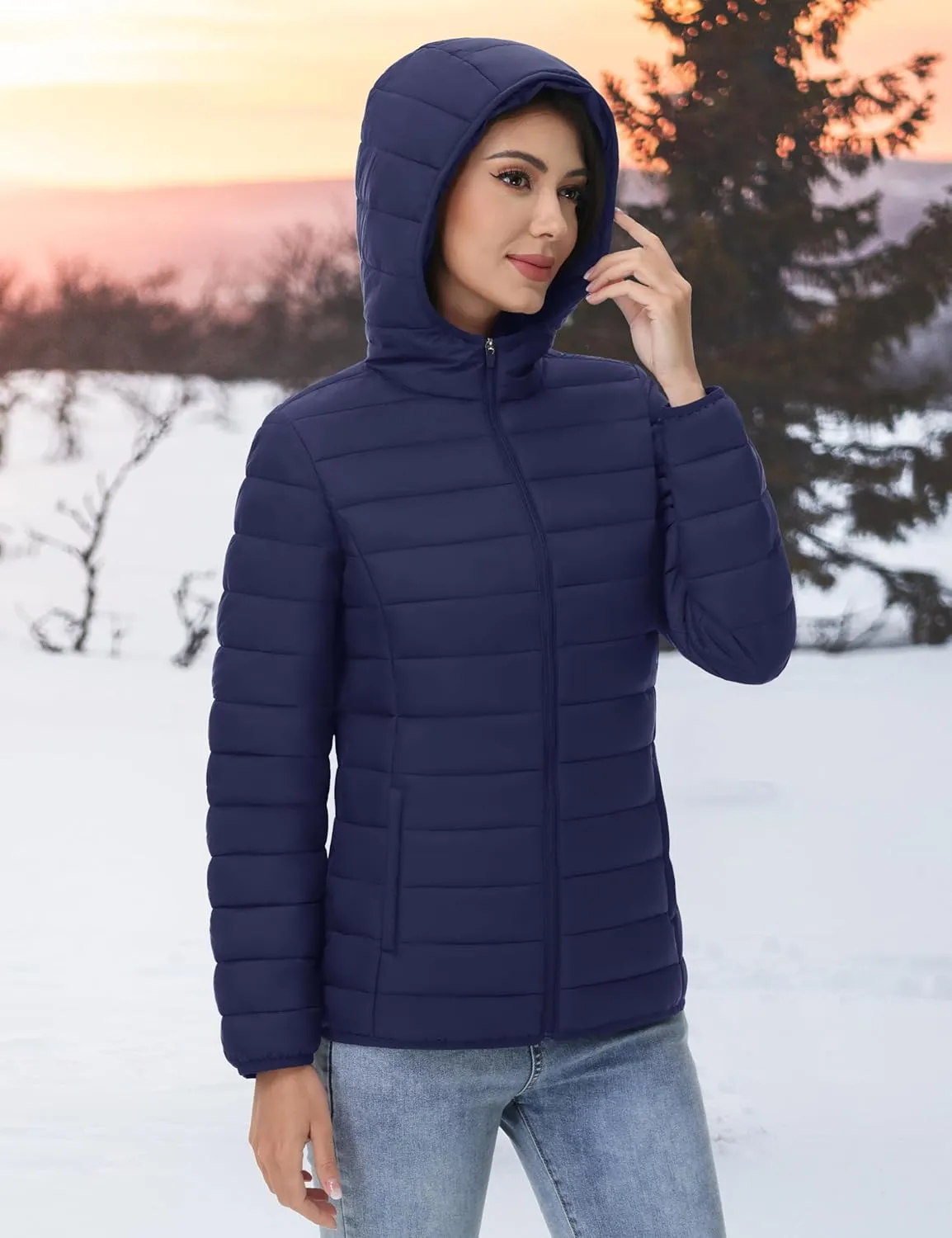 YUCOLEN Women's Puffer Jacket with Hood Lightweight Quilted Padded 4 Pockets Zip-up Coat Winter Jackets for Women