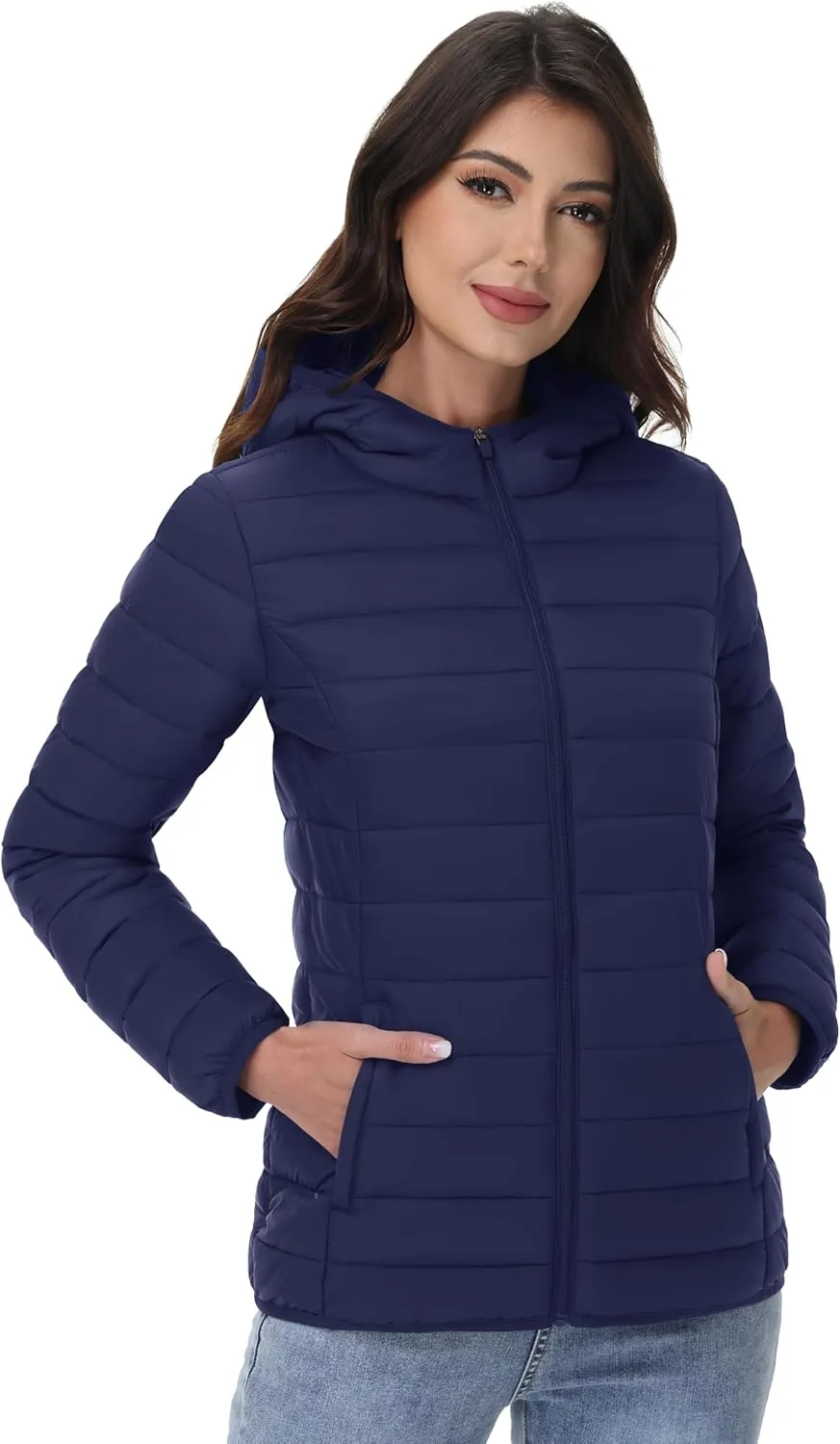 YUCOLEN Women's Puffer Jacket with Hood Lightweight Quilted Padded 4 Pockets Zip-up Coat Winter Jackets for Women