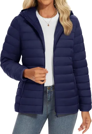 YUCOLEN Women's Puffer Jacket with Hood Lightweight Quilted Padded 4 Pockets Zip-up Coat Winter Jackets for Women