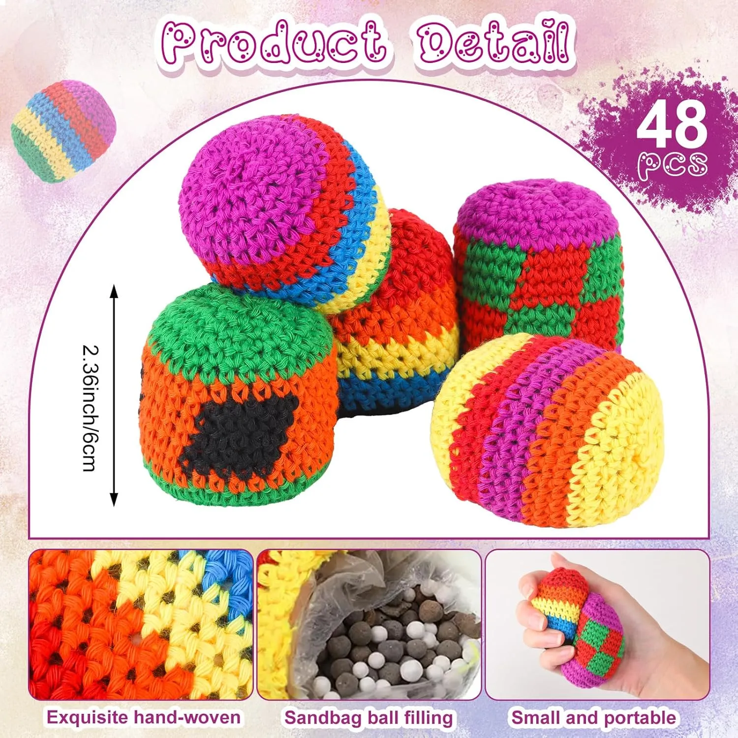 Yunsailing Knit Sack Balls for Kids Knitted Kickball Soft Juggling Balls Multicolored Crochet Geometric Pattern Foot Bag Kick Sack for Kids Boys and Girls, Random Color