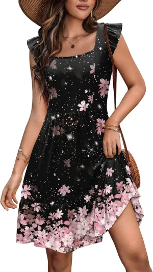 Zeagoo Womens Summer Dress Casual Ruffle Tiered Floral Square Neck Sundresses Beach Boho Mini A-line Dress 2025 with Pockets