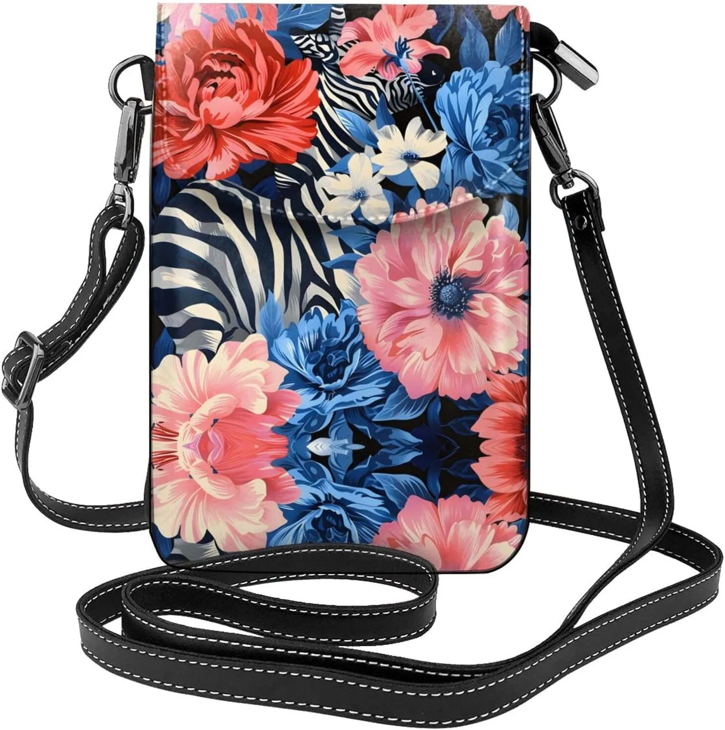Zebra Flower Pattern Small Crossbody Bags for Women Travel Cell Phone Pouch PU Leather Cross Body Bag Adjustable Shoulder Strap Phone Purses Lightweight Wallet Purse with Credit Card Slots