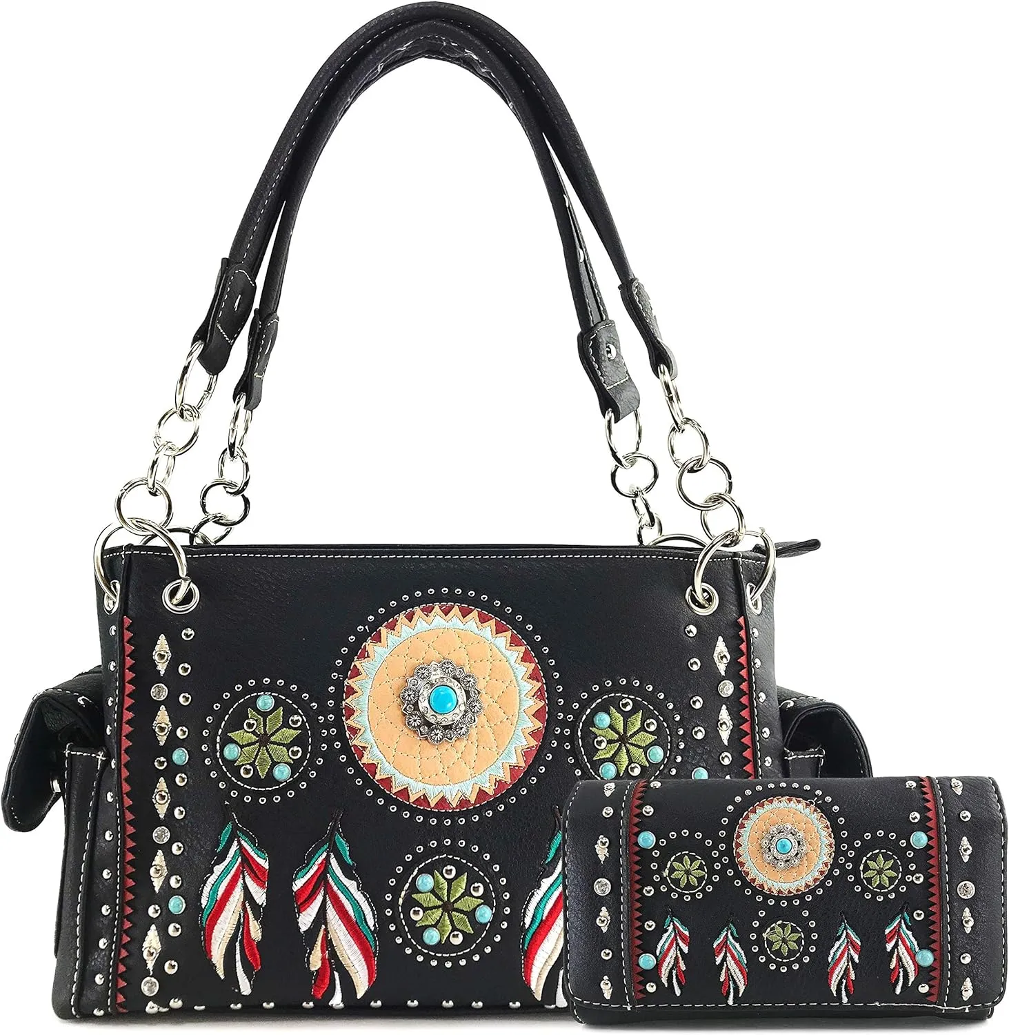 Zelris Tribal Dream Catcher Feather Embroidery CCW Concealed Carry Western Handbag And Wallet Set
