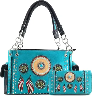 Zelris Tribal Dream Catcher Feather Embroidery CCW Concealed Carry Western Handbag And Wallet Set