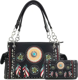 Zelris Tribal Dream Catcher Feather Embroidery CCW Concealed Carry Western Handbag And Wallet Set