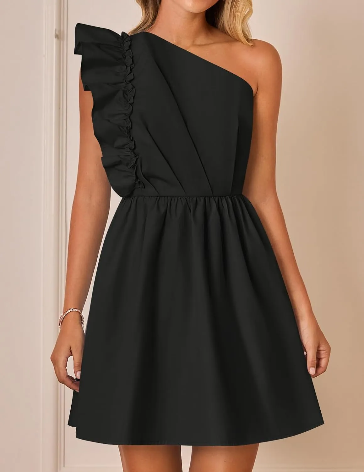 ZESICA Women's Summer One Shoulder Ruffle Dress Boho Sleeveless Elastic High Waist Swing Mini Dresses
