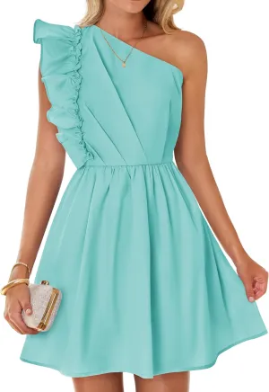 ZESICA Women's Summer One Shoulder Ruffle Dress Boho Sleeveless Elastic High Waist Swing Mini Dresses