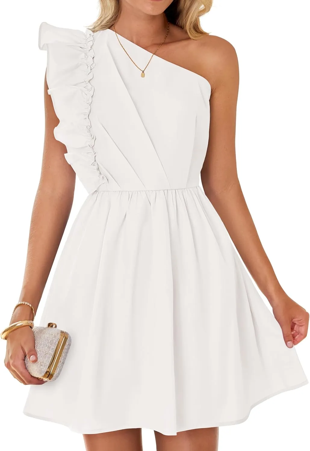 ZESICA Women's Summer One Shoulder Ruffle Dress Boho Sleeveless Elastic High Waist Swing Mini Dresses