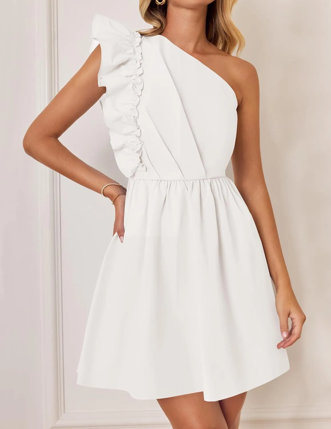 ZESICA Women's Summer One Shoulder Ruffle Dress Boho Sleeveless Elastic High Waist Swing Mini Dresses