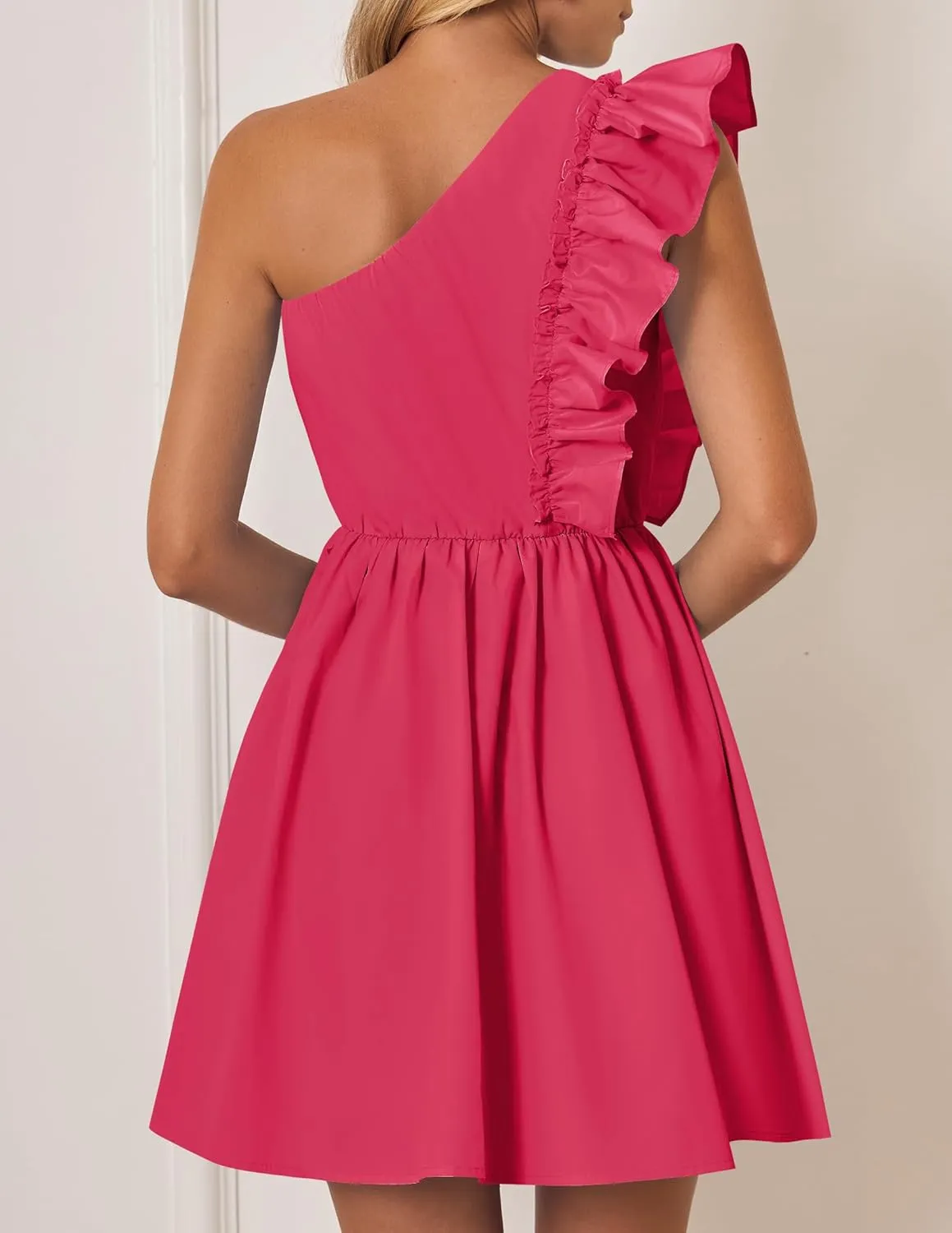 ZESICA Women's Summer One Shoulder Ruffle Dress Boho Sleeveless Elastic High Waist Swing Mini Dresses