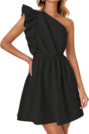 ZESICA Women's Summer One Shoulder Ruffle Dress Boho Sleeveless Elastic High Waist Swing Mini Dresses