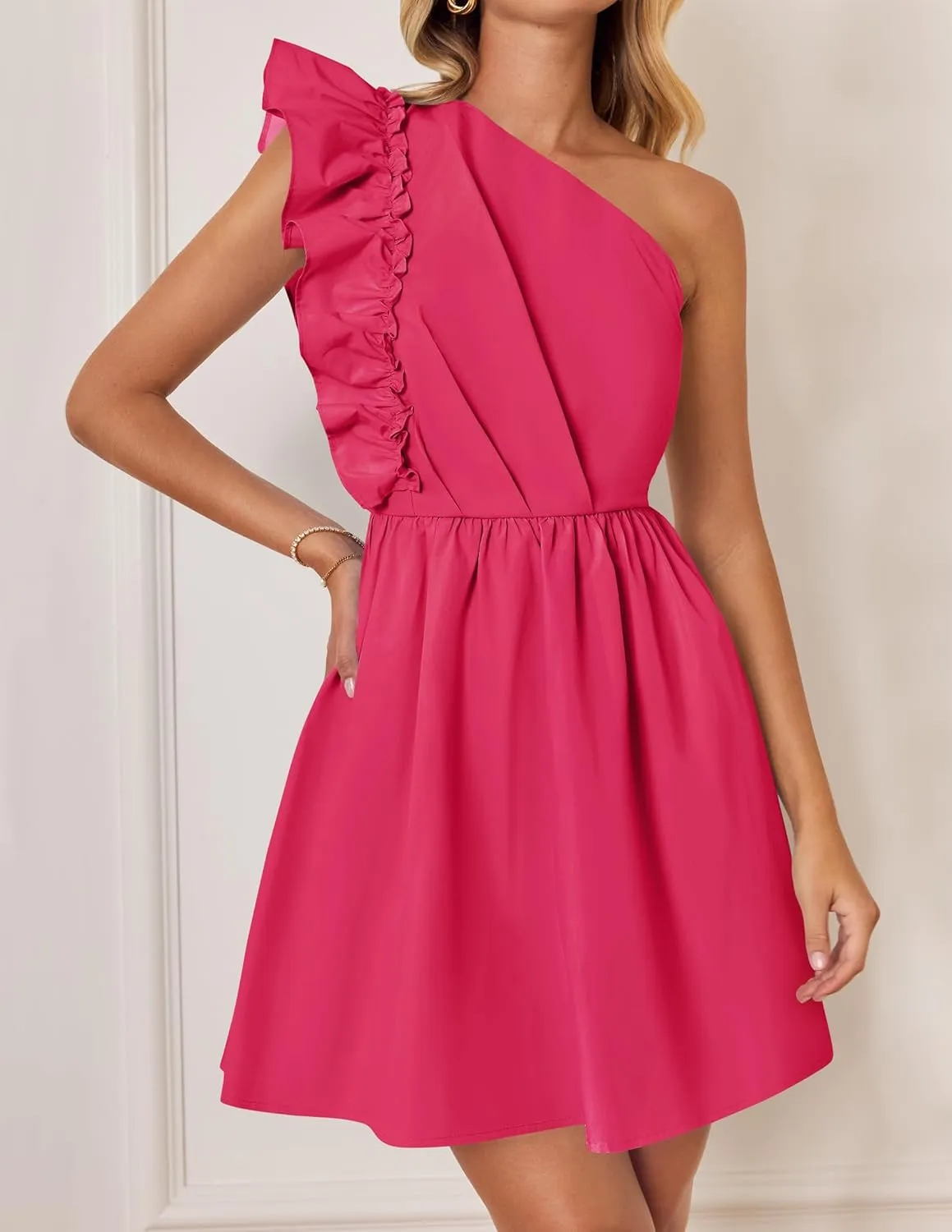 ZESICA Women's Summer One Shoulder Ruffle Dress Boho Sleeveless Elastic High Waist Swing Mini Dresses