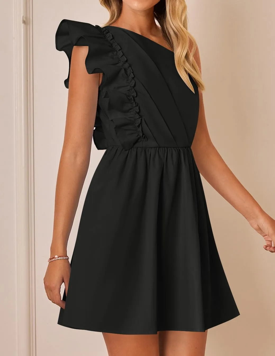 ZESICA Women's Summer One Shoulder Ruffle Dress Boho Sleeveless Elastic High Waist Swing Mini Dresses