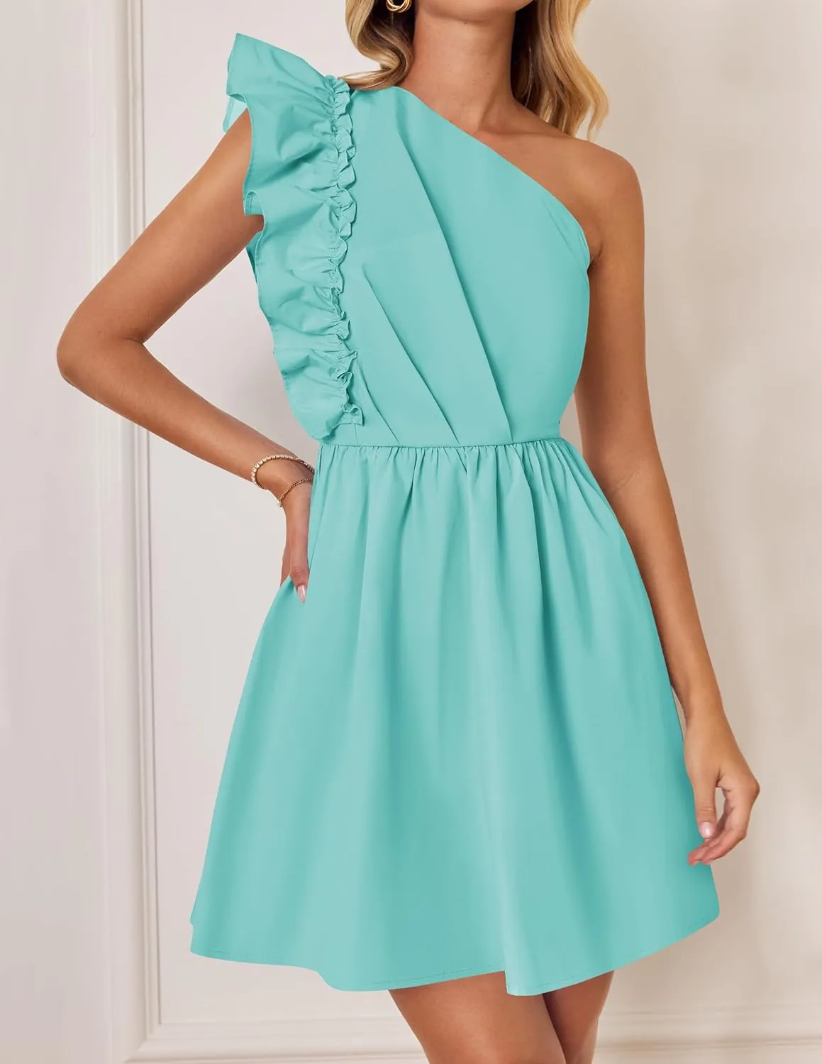 ZESICA Women's Summer One Shoulder Ruffle Dress Boho Sleeveless Elastic High Waist Swing Mini Dresses
