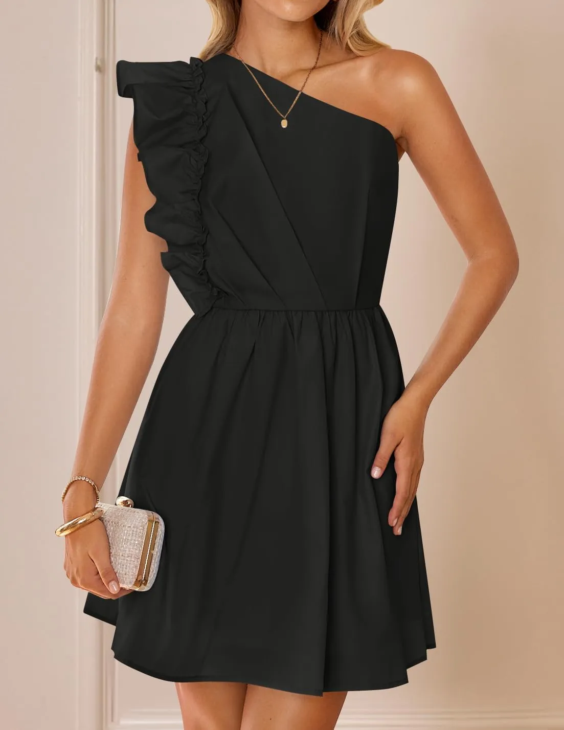 ZESICA Women's Summer One Shoulder Ruffle Dress Boho Sleeveless Elastic High Waist Swing Mini Dresses