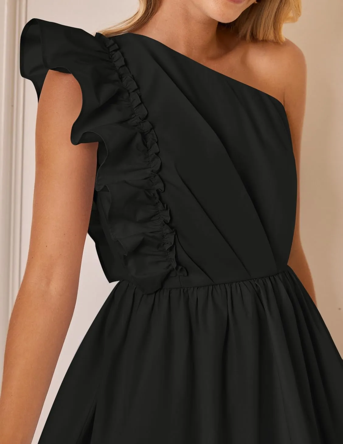 ZESICA Women's Summer One Shoulder Ruffle Dress Boho Sleeveless Elastic High Waist Swing Mini Dresses