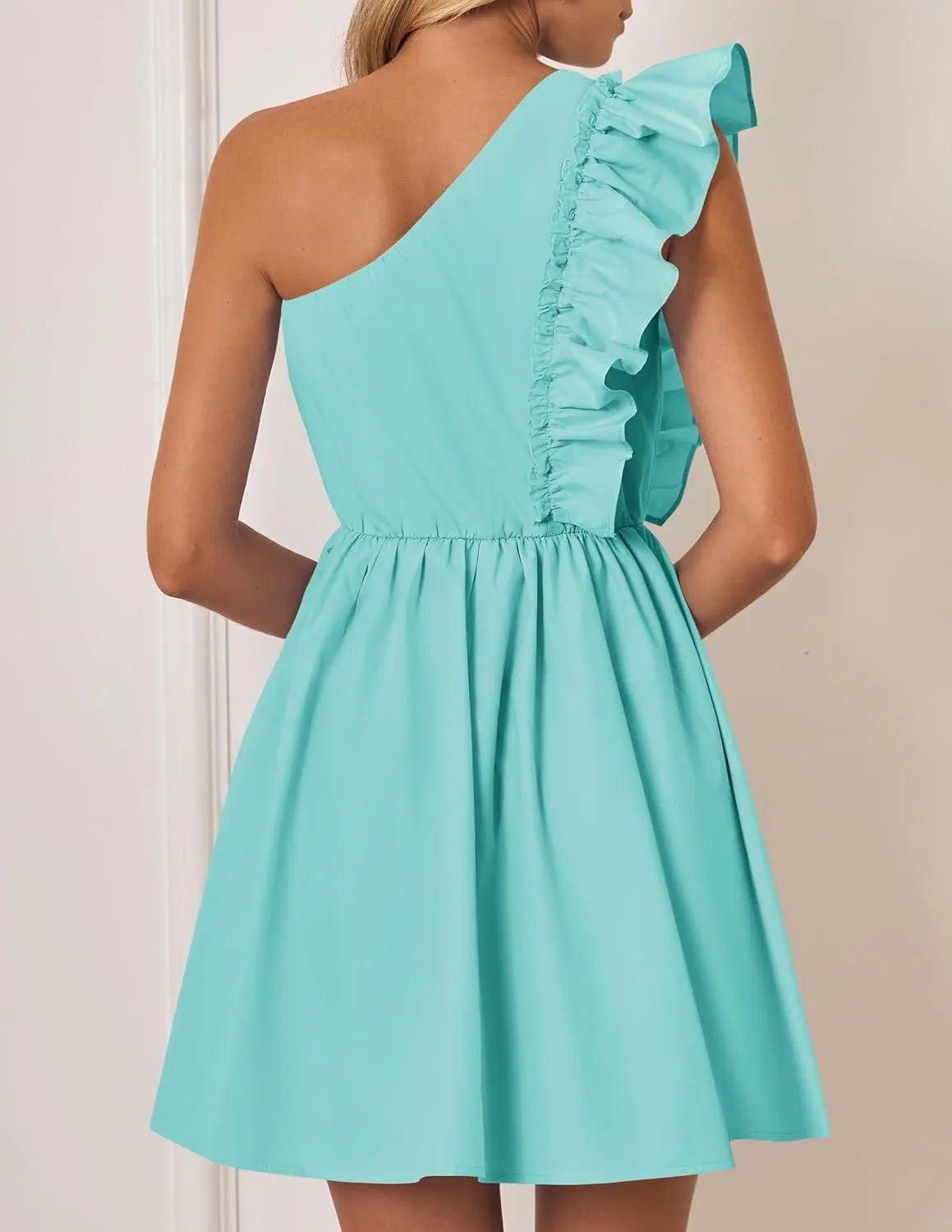 ZESICA Women's Summer One Shoulder Ruffle Dress Boho Sleeveless Elastic High Waist Swing Mini Dresses