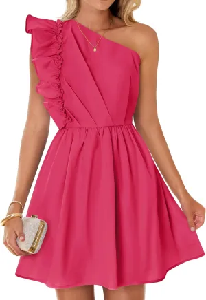 ZESICA Women's Summer One Shoulder Ruffle Dress Boho Sleeveless Elastic High Waist Swing Mini Dresses