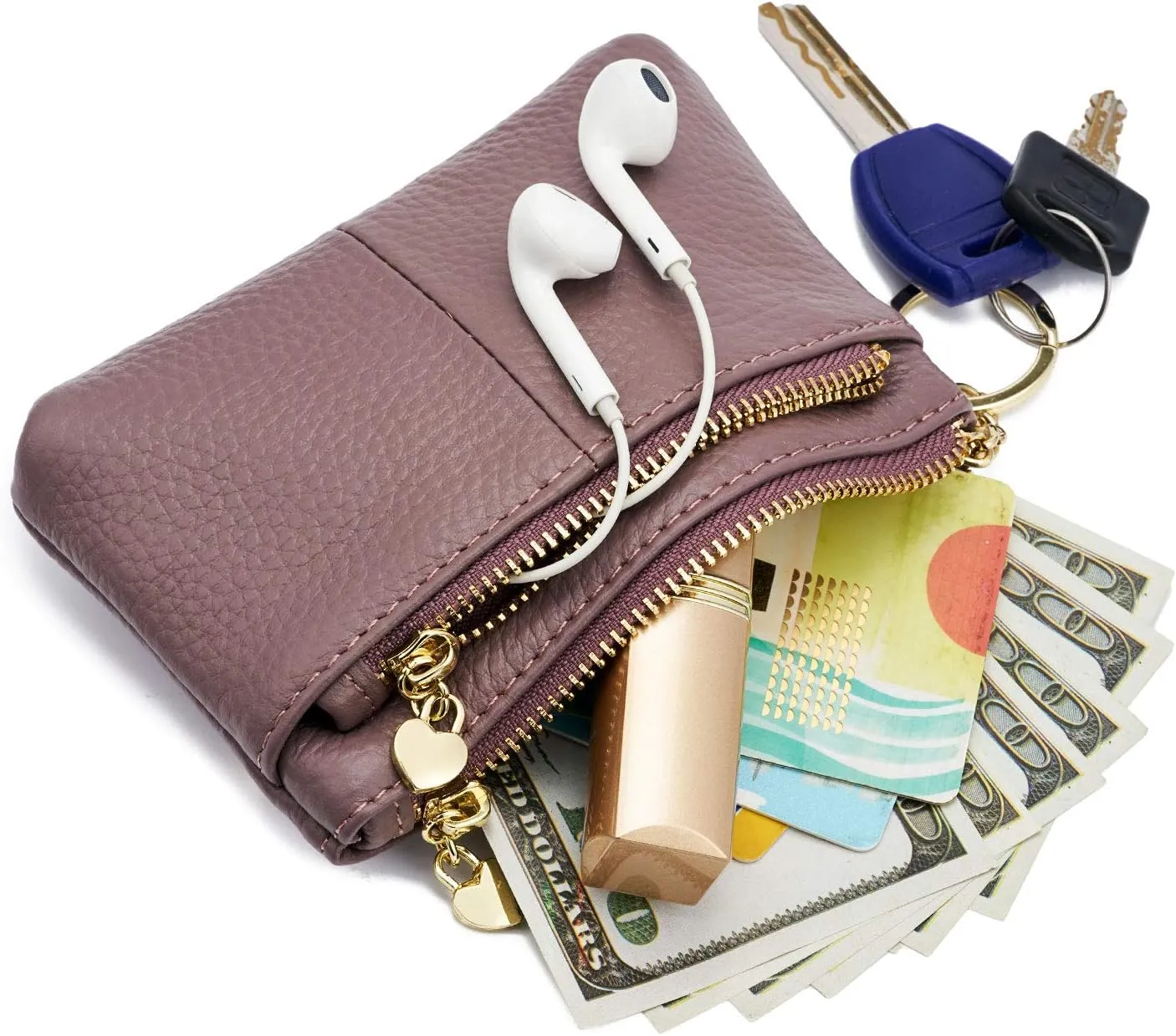 ZOOEASS Women Genuine Leather Zip Mini Coin Purse With Key Ring Triple Zipper Card Holder Wallet
