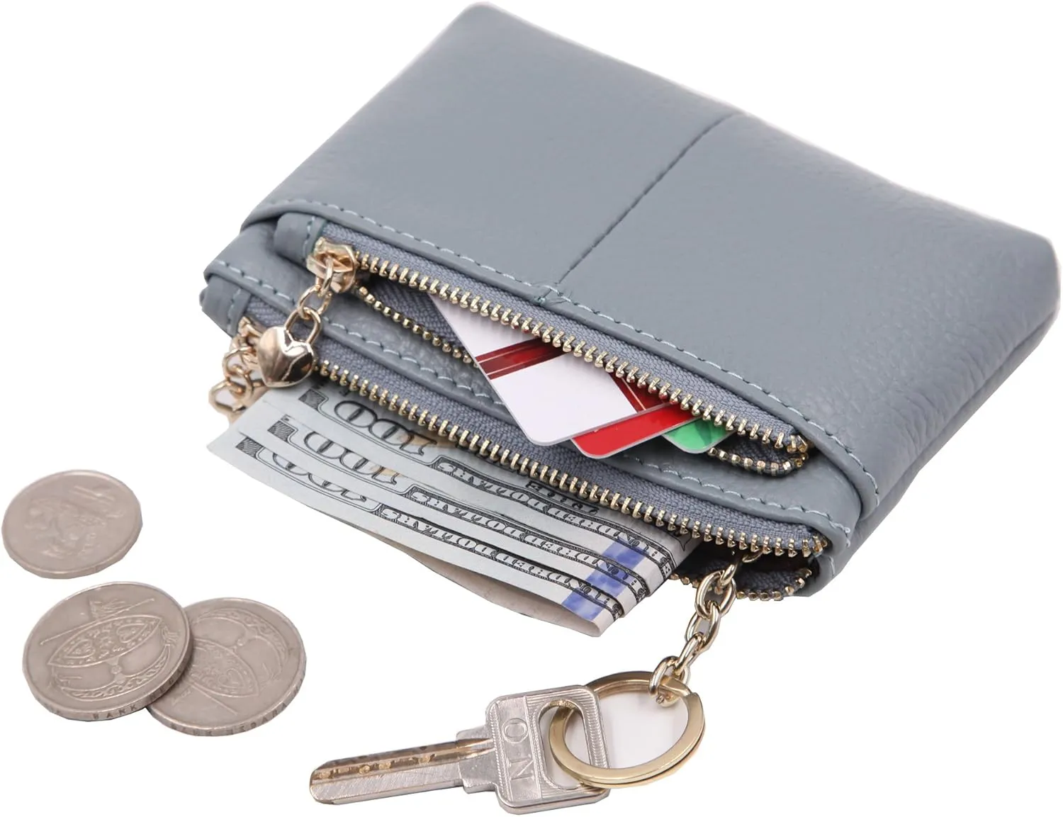ZOOEASS Women Genuine Leather Zip Mini Coin Purse With Key Ring Triple Zipper Card Holder Wallet